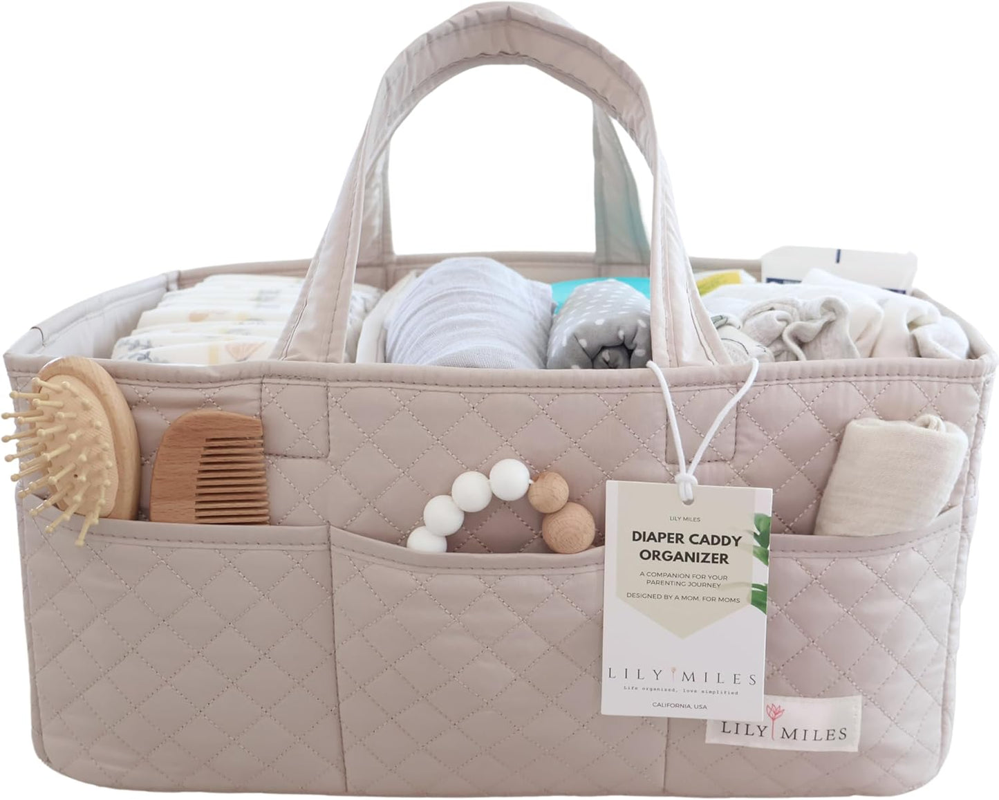 Lily Miles Baby Diaper Caddy Organizer, Quilted Nursery Storage Organizer for Newborn Essentials and Diaper Changing Station, Gift for Baby Shower and Registry Must-Have (Soft Sand)