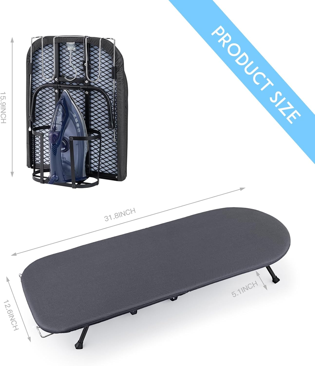 BiJun Small Ironing Board, Foldable Table Top Ompact Portable Mini Ironing Board w/Iron Rest, Set for Dorm Rooms, RVs, Travel Apartments Black