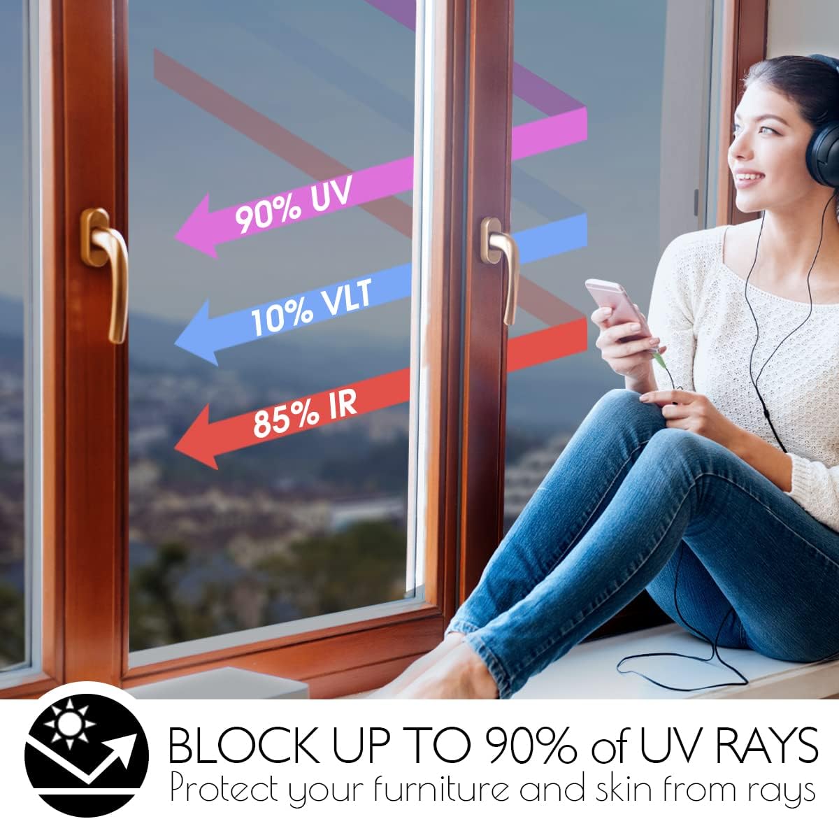 HIDBEA One Way Privacy Window Film, Daytime Mirror Reflective Heat Control UV Sun Blocking Non-Adhesive Static Cling Window Tint for Home and Office(Black-Silver, 17.5 Inch x 6.5 Feet)