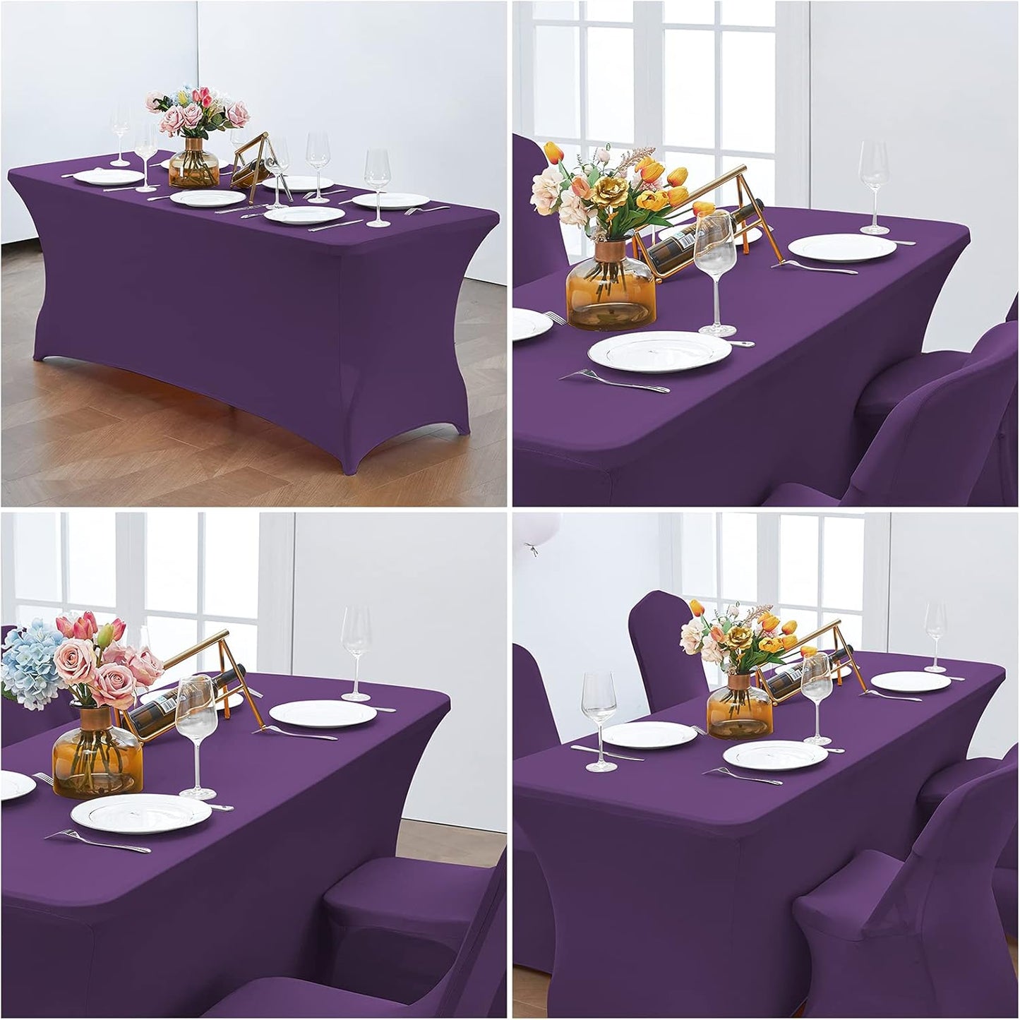 CWK 8FT Waterproof Stretch Spandex Table Cover for Rectangular Tables - Elastic Fitted Tablecloth for Folding Tables,Wrinkle Resistant Table Cloth for Parties, Weddings, Banquets & Events (Dark Puple)