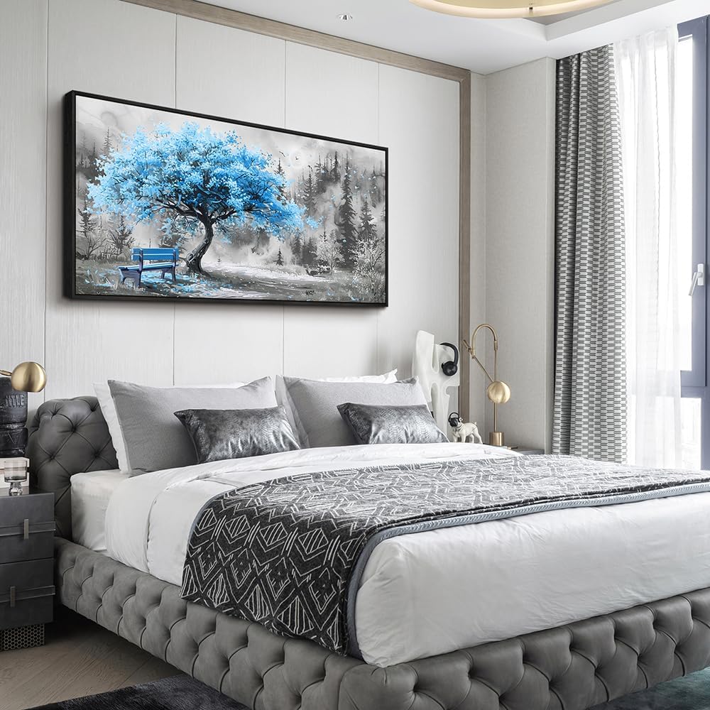 ZUITINGHUA Black Framed Canvas Wall Art For Living Room Wall Decor For Bedroom Office Wall Decoration Blue Tree Landscape Painting Black And White Picture Artwork Room Aesthetic Home Decor 20x40 In