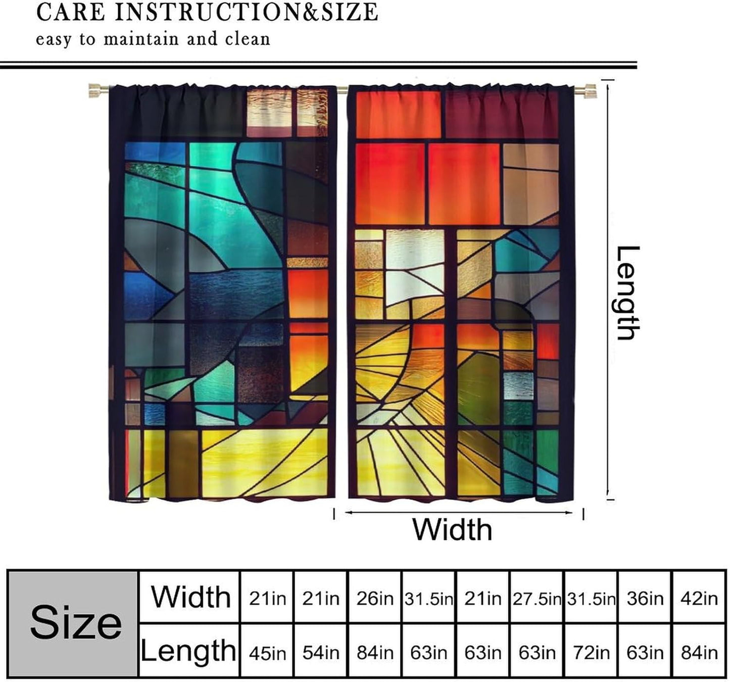 Stained Glass Curtains,Retro Abstract Colorful Geometry Textures Art Home Decor Drapes for Bedroom Living Room Kitchen Window Treatment 2 Panels Set Total Size 72" W X 63" L Inch