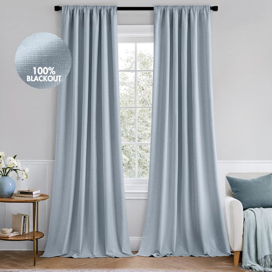MIULEE 100% Blackout Curtains 102 Inch Long 2 Panels Set for Bedroom, Thick Faux Linen Black Out Curtain Room Darkening Back Tab Pleat Window Textured Drapes with Hooks for Living Room, Chambray Blue