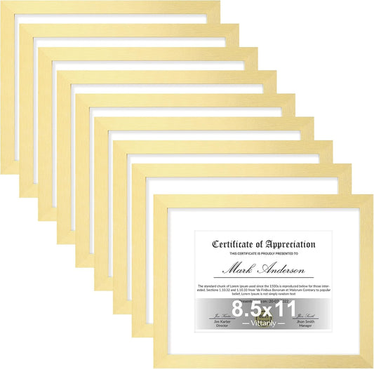 Vittanly 8.5x11 Picture Frames Set of 9, Shatter Resistant Plexiglass, Display 6x8 Pictures with Mat or 8.5x11 without Mat, Photo Frames for Wall or Tabletop, Engineered Wood, Gold