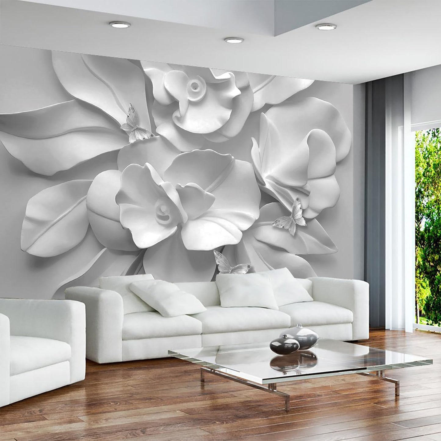 WFBHUA-3d Gray Floral Wallpaper Mural Black and White Embossed Peony Flowers Butterfly Wallpaper for Living Room Bedroom(Not Peel and Stick)
