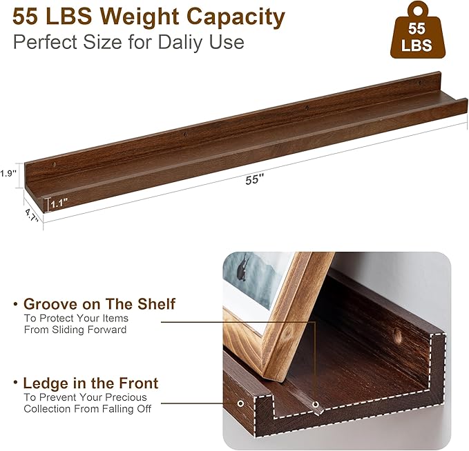 Floating Picture Ledge Shelves 55 Inch Solid Oak Wood Set of 2, Rustic Wall Storage Shelves with Lip, Kids Bookshelf, Photo & Picture Ledge Shelves for Bedroom, Living Room, Kitchen