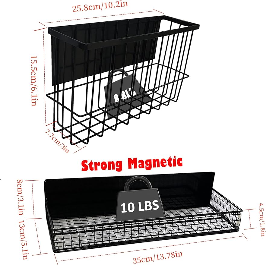Bruda 2 Pack Magnetic Storage Rack for Spice, Magnetic Organization Shelf for Refrigerator, Fridge, Washing Machine, Oven, Coffee Maker, Metal Peg Board, Stacked Washer and Dryer 010