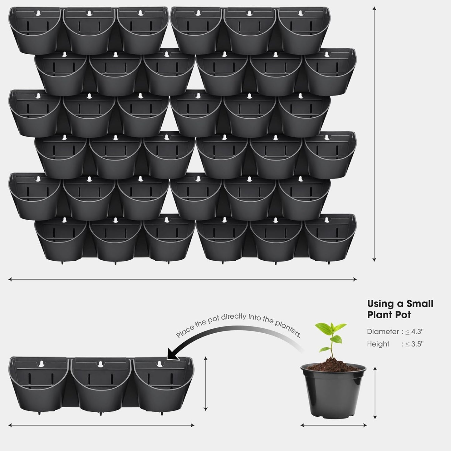 Worth Garden Upgraded 12 Sets (36-Pocket) Self Watering Stackable Vertical Planters - Wall Mounted Plastic Plant Grow Pots fr Strawberries Flowers Herbs - Indoor Outdoor Green Wall Decoration (Black)