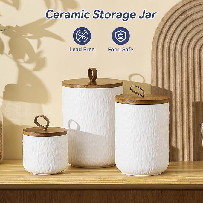 Kitchen Canisters for Countertop, Ceramic Coffee Canisters with Airtight Lids Food Storage Jars Sugar Container for Kitchen Counter Tea, Coffee Beans, Spice (#001White-Set of 3)