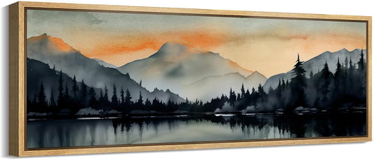MUDECOR Large Framed Canvas Print Wall Art Sunset Mountain Range and Lake Panoramic Antique Retro Fine Art Illustrations Decorative Colorful for Bedroom - 60"x20"