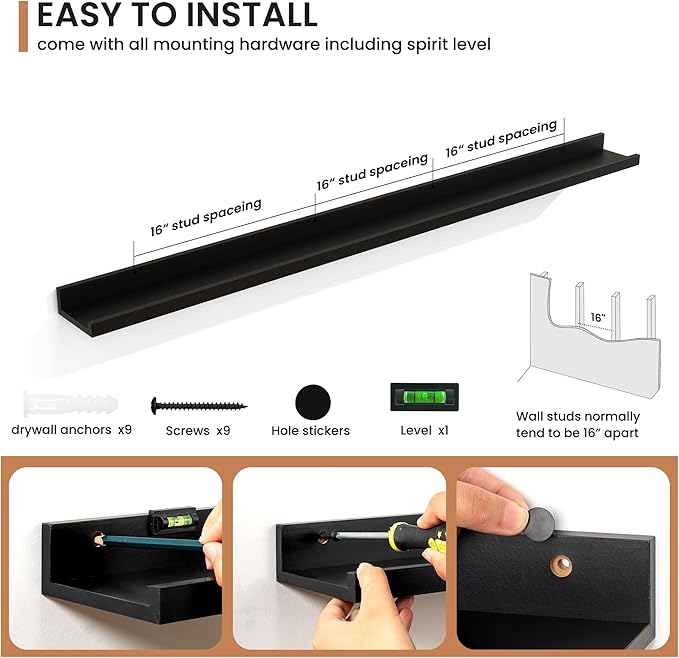 Fun Memories Picture Ledge Shelves Set of 2, 55 Inch Rustic Wall Mounted Floating Shelves with Lip for Home Storage and Décor in Bathroom, Kitchen, Nursery, Bedroom, Living Room, Black