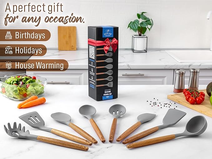 Zulay Kitchen Utensils Set Non-Stick Silicone Cooking Utensils Set with Authentic Acacia Wood Handles - 8 Piece Set - Silicone Kitchen Utensils Set with 464°F Heat Resistance - Gray