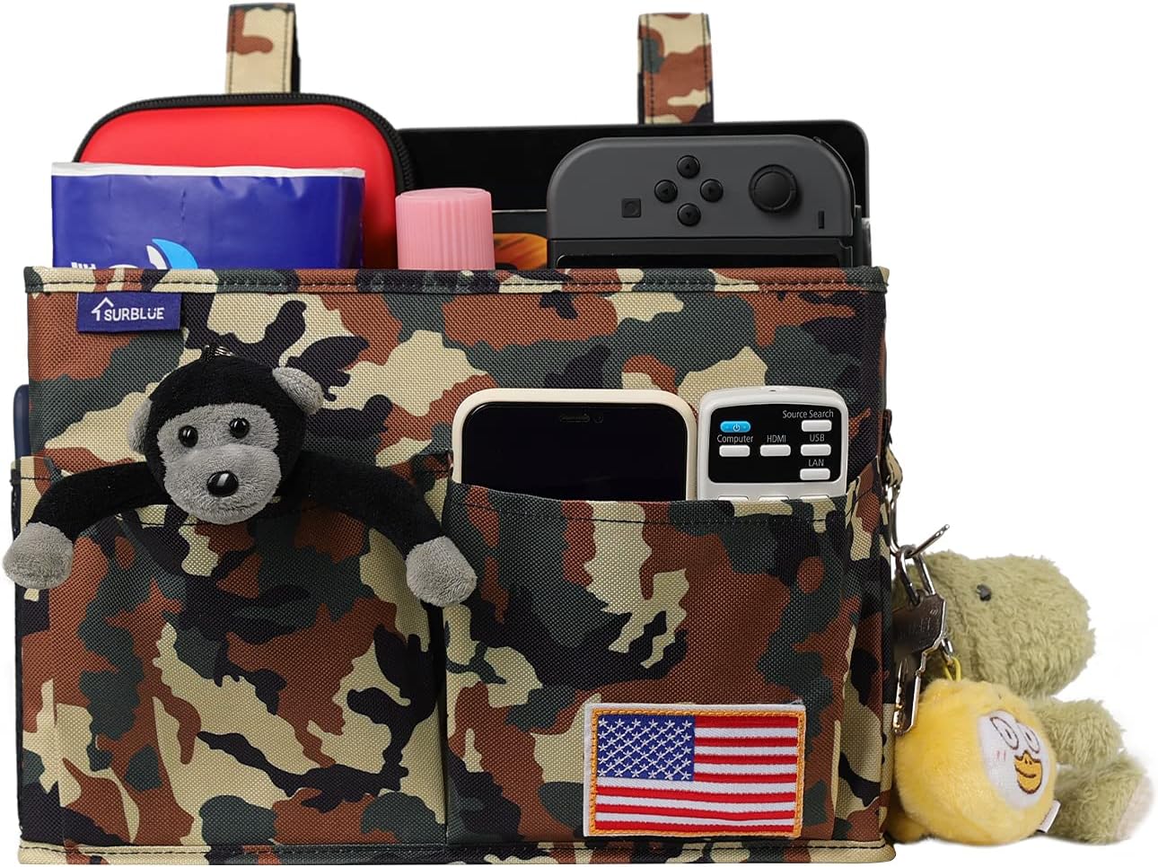 Surblue Bedside Caddy Hanging Organizer Storage Bag Pocket for Bunk, Hospital Beds, College Dorm Rooms, Baby Bed Rails, Wheelchair Side Bag, Camp Chairs, 4 Pockets and 2 Hooks (Small Jungle)