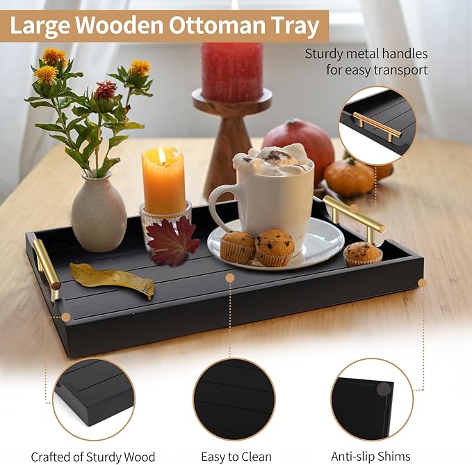 Coffee Table Trays - Large Ottoman Tray for Living Room - Wood Serving Trays with Handles(2 Sets) - Wooden Tray for Coffee Table, 4 Round Coasters Included, Black