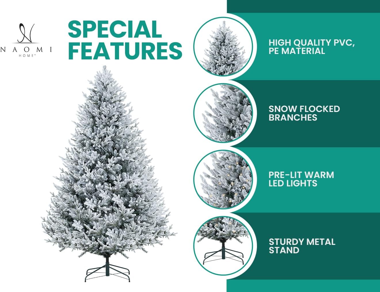 Naomi Home Ginebra 7.5ft Snow Flocked Christmas Tree Prelit with 3266 Branch Tips, 650 Warm Lights and Metal Stand, 59" Wide Realistic Snowy Frosted Christmas Tree with Lights