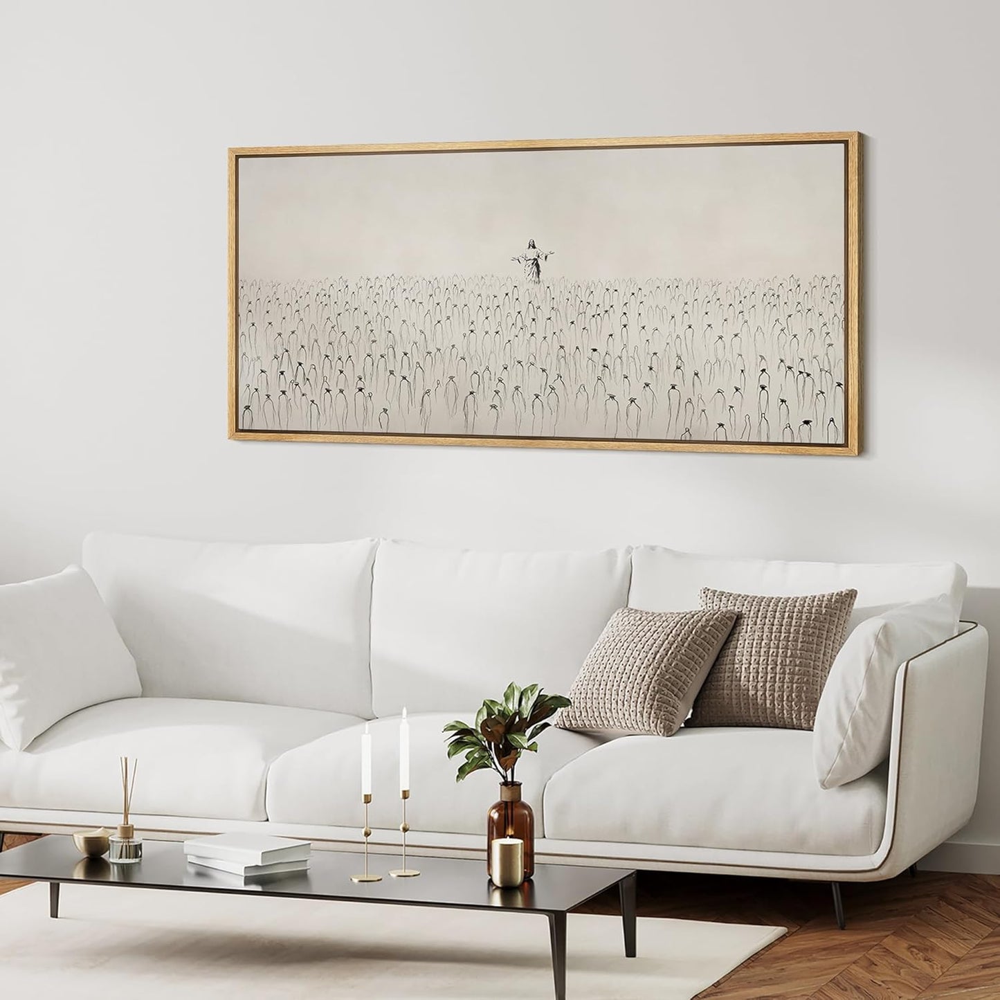 MUDECOR Extra Large Framed Canvas Print Wall Art Jesus Among The People Monochrome Religious Illustrations Decorative Colorful Multicolor for Bedroom - 60"x30"