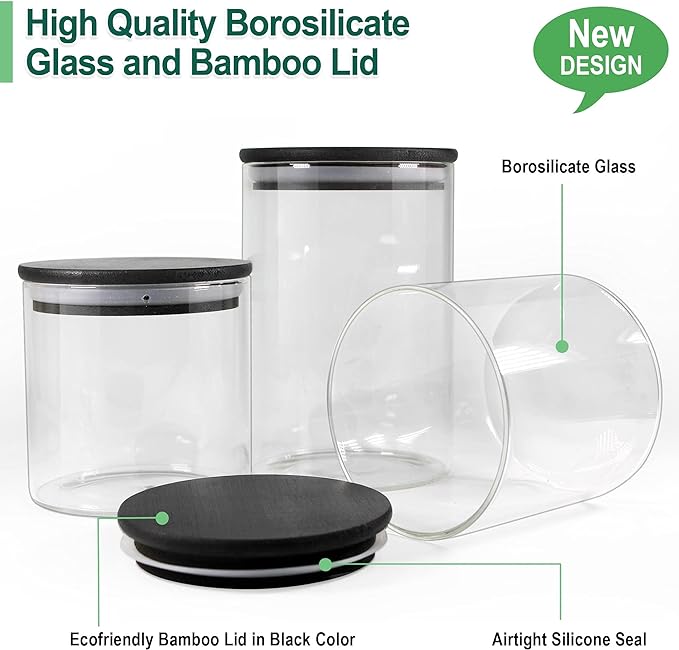 Urban Green Glass Jars with Black Bamboo Lids, Food Storage Containers with Airtight Black Lids, Glass Kitchen Canisters Sets (3 pack of 20oz + 3 pack of 30oz)