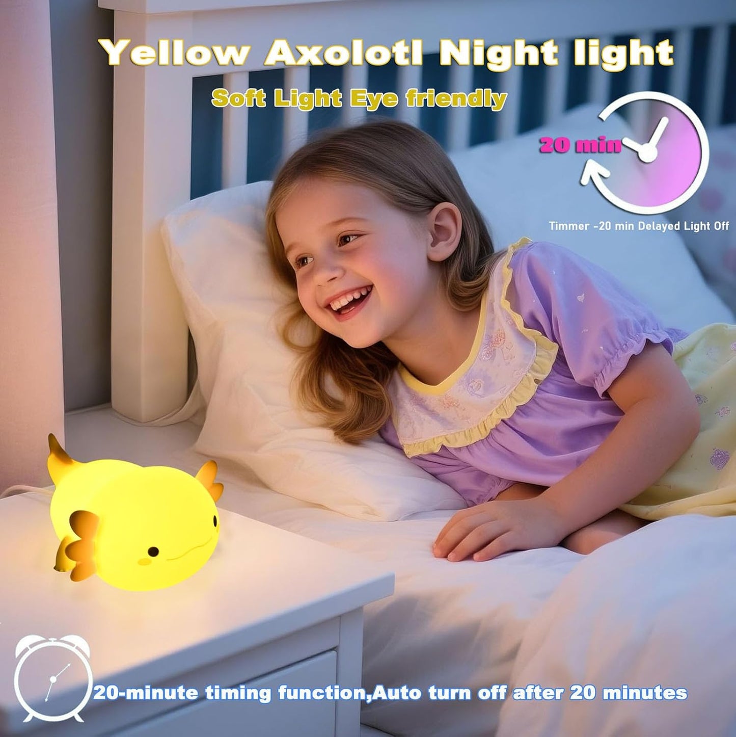 HAPPYBAG Axolotl Night Light,Cute Axolotl lamp Gifts for Kids,Dimmable Silicone Animal Nursery Night Light,Kawaii Rechargeable Bedside Touch Lamp,Baby Room Decor Axolotl Light