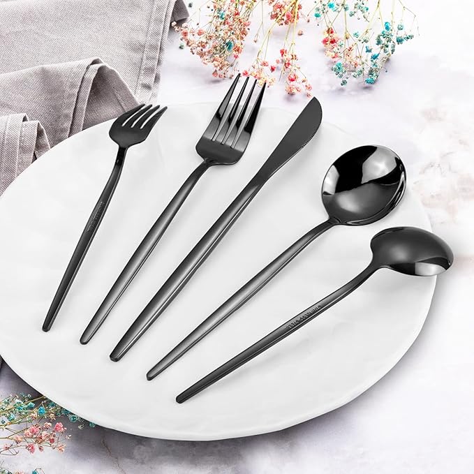 Black Silverware Set, KassKa 20 Pieces Flatware Cutlery Set, Stainless Steel Utensils Set Spoon Fork Knives Set for Home Restaurant and Kitchen, Mirror Polished Finished, Service for 4