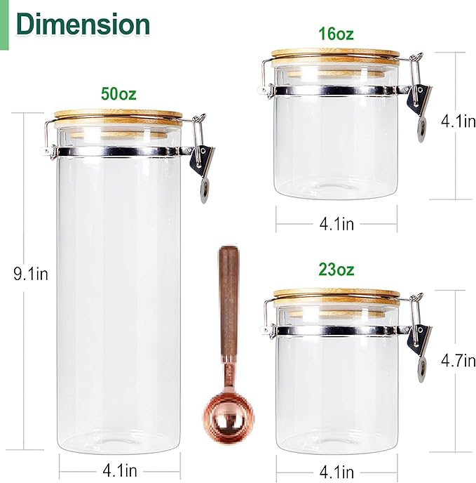 Urban Green Borosilicate Glass Storage Jars with Airtight Locking Clamp Lids, Airtight Canister Set，Coffee Set of 3 with Spoon (50oz, 24oz, 18oz), Storage Containers with Bamboo Lid