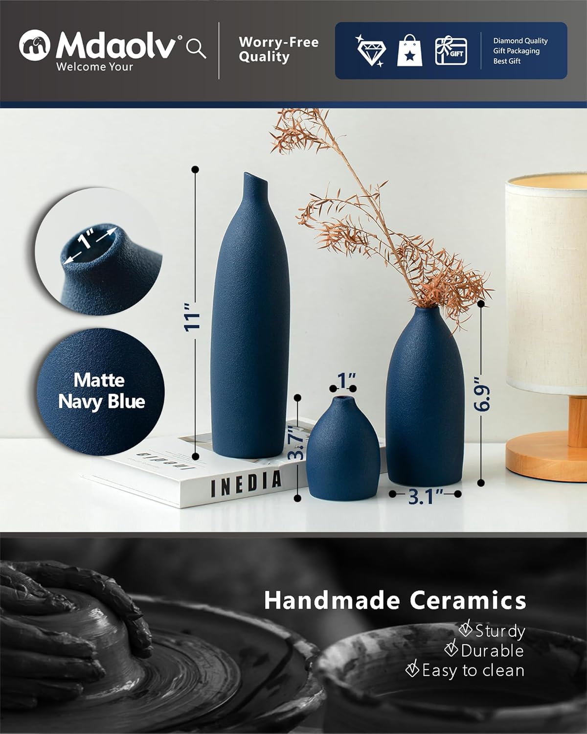 Matte Blue Vase Set Navy Blue Decor Coastal Decor Vases for Kitchen Island Living Room Office Table Fireplace Mantle Decorations & Bathroom Shelf Decor Centerpiece Table Decorations Ceramic