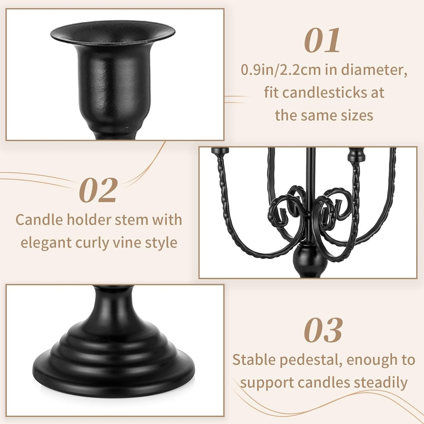 Sziqiqi Candelabra Candles Holder Centerpieces - Black Candlestick Holders Bulk for Halloween Vintage Tabletop Candelabras for Party Events Holiday, 6 Pieces