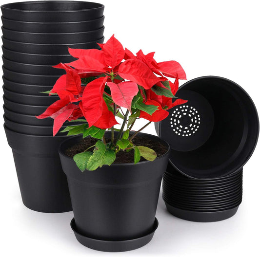 homenote Pots for Plants, 15 Pack 6 Inch Plastic Planters with Multiple Drainage Holes and Tray,Plant Pots for All Home Garden Flowers Succulents (Black)