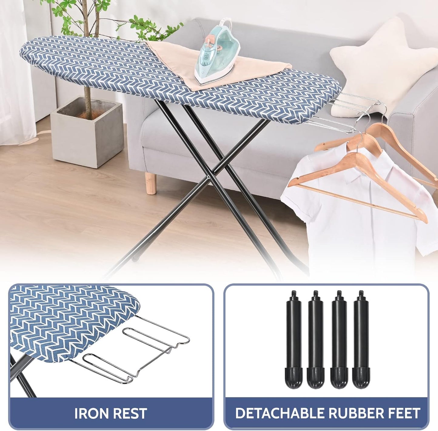 APEXCHASER Ironing Board, Full Size Iron Board with Iron Rest, lightweight Ironing Board with Height Adjustable, Extra Thick Heat-Resistant Cover with Padding, Heavy-Duty Sturdy Metal Legs, 43x13 Blue