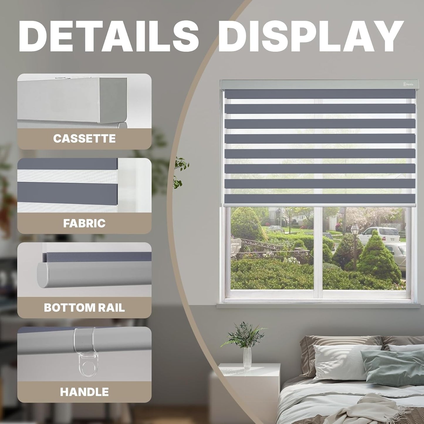 HESTIA Cordless Zebra Blinds Light Filtering Roller Shades UV Blocking Blackout Privacy Indoor Window Blind for Home Office Day and Night, Blue Grey,26" W x 48" H