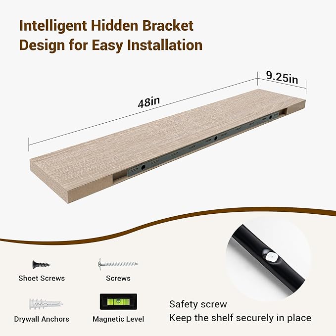 48 Inch Floating Shelves, 3D Textured Wood Grain, 48"x9.25"x1.5" Inch Deep Floating Shelves for Wall, Wooden Shelves for Bathroom, Bedroom, Living Room, Vintage White Oak