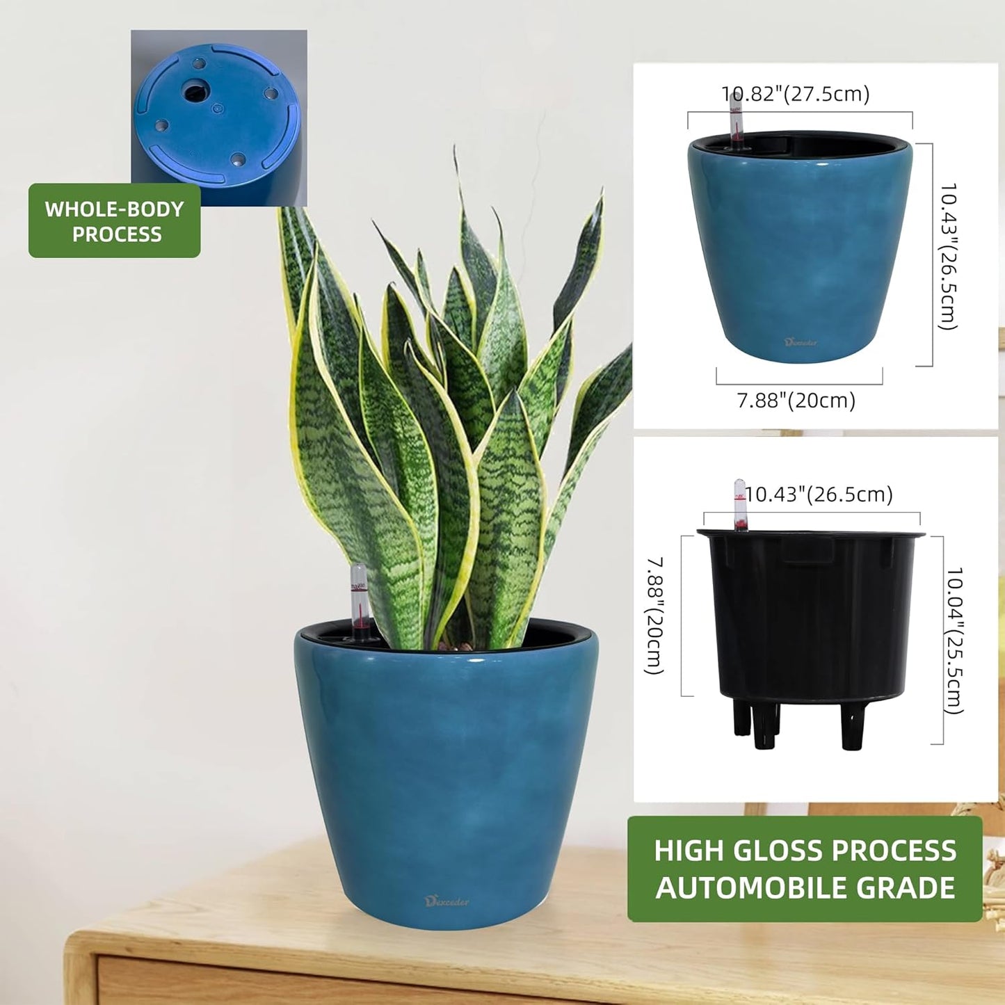 Dexceder 11x10 Inches Self Watering Planter Indoor Outdoor, Inner Pot Design, Thickened Table Flower Plant Pot with Water Level Indicator (Peacock Blue Gradient)