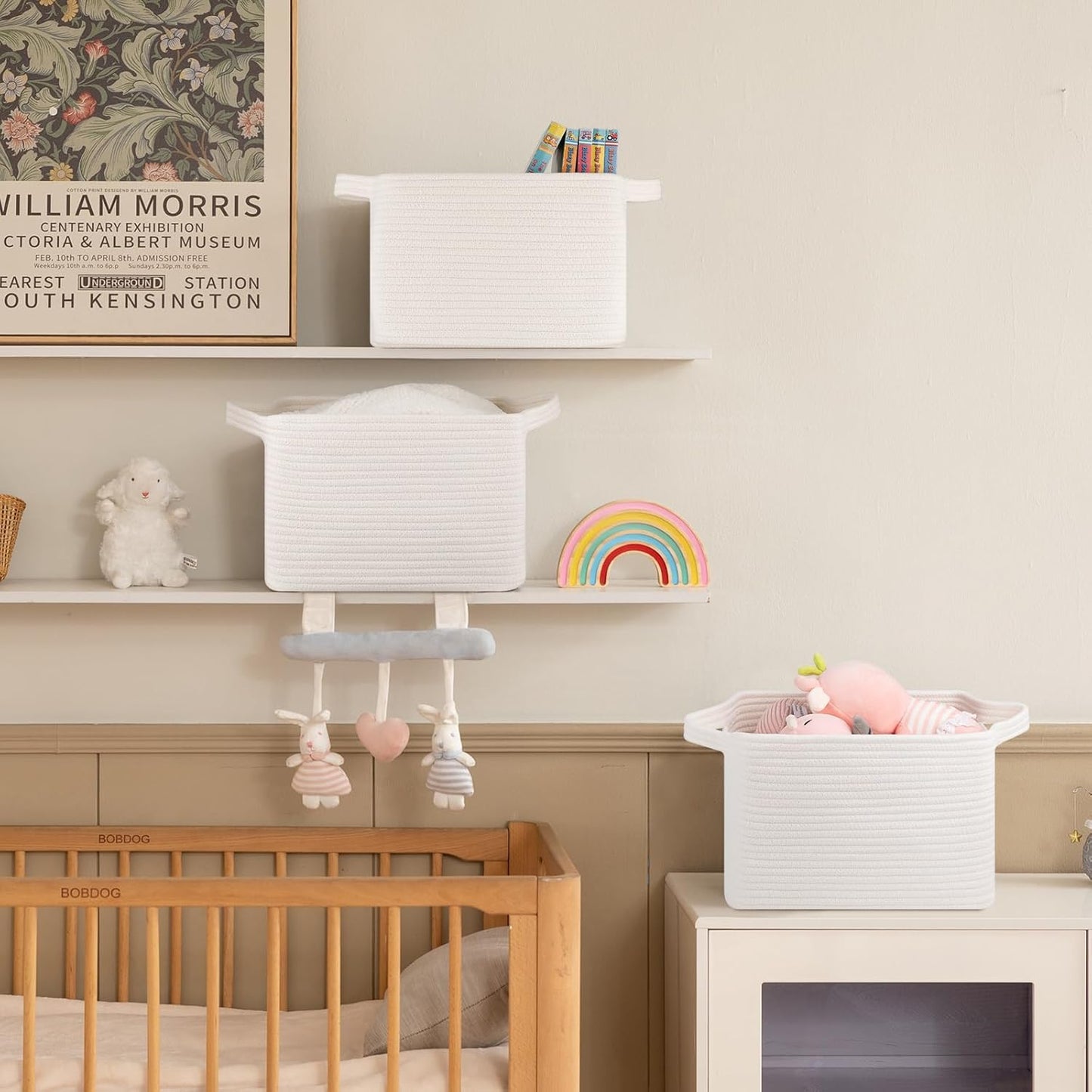 Storage Basket for Organizing, Woven Baskets for Storage, Rectangle Decorative Baskets for Shleves, Closet, Toys, Books, Nursery Organizer Bins - Pack of 3 (White)