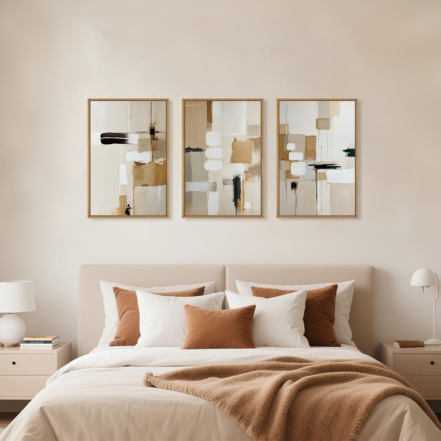 Celestdeco Large Abstract Beige Framed Canvas Wall Art Set, Neutral Textures Wall Decor, Warm Minimalist Shapes Wall Painting, Modern Neutral Art Prints for Living Room, Bedroom, Office - 24"X36"X3