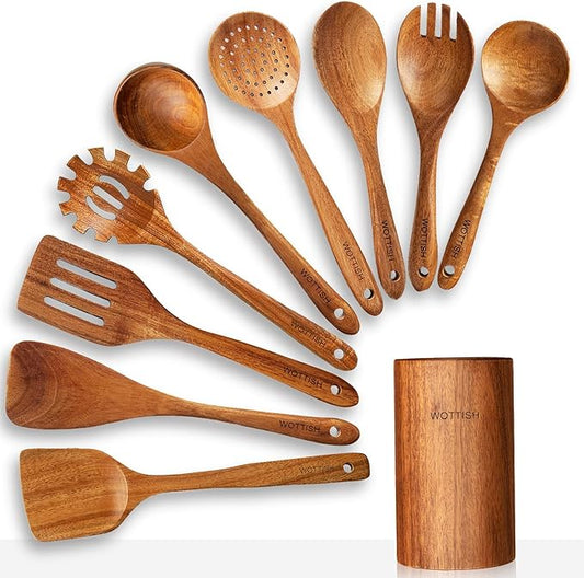 Wooden Spoons for Cooking,Wooden Cooking Utensil Set,10-Piece Wooden Kitchen Utensil Set with Wooden Spoons(A10)