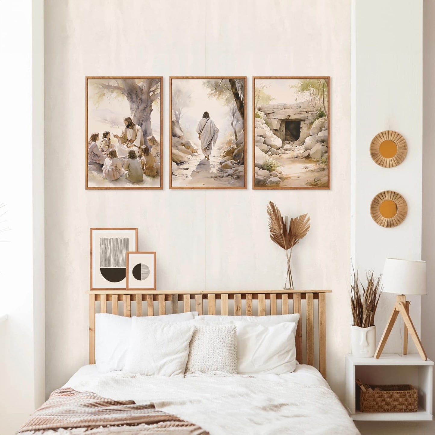 Aurlan Jesus Teaching Children Jesus on Path Framed Empty Tomb Bible Stories Wall Art(16"x24"), 3PCS Boho Christian Easter Scripture Gifts Canvas Artwork, Large Spiritual Religious Faith Decor Prints for Office Home