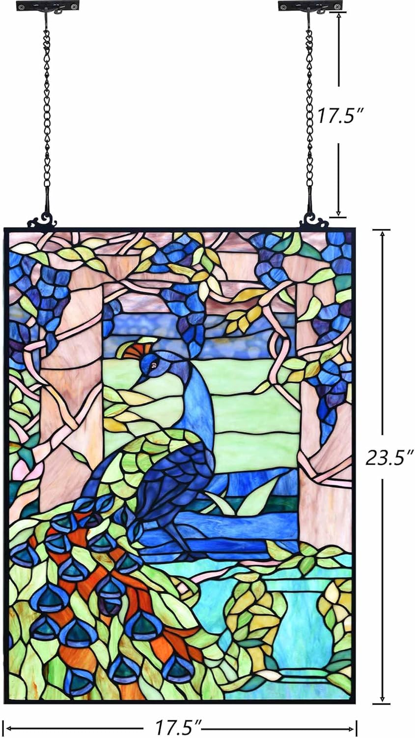 Bieye W10095 Peacock in Garden Tiffany Style Stained Glass Window Panel for Home Decor (Blue, 17.5Wx23.75H Rectangular)