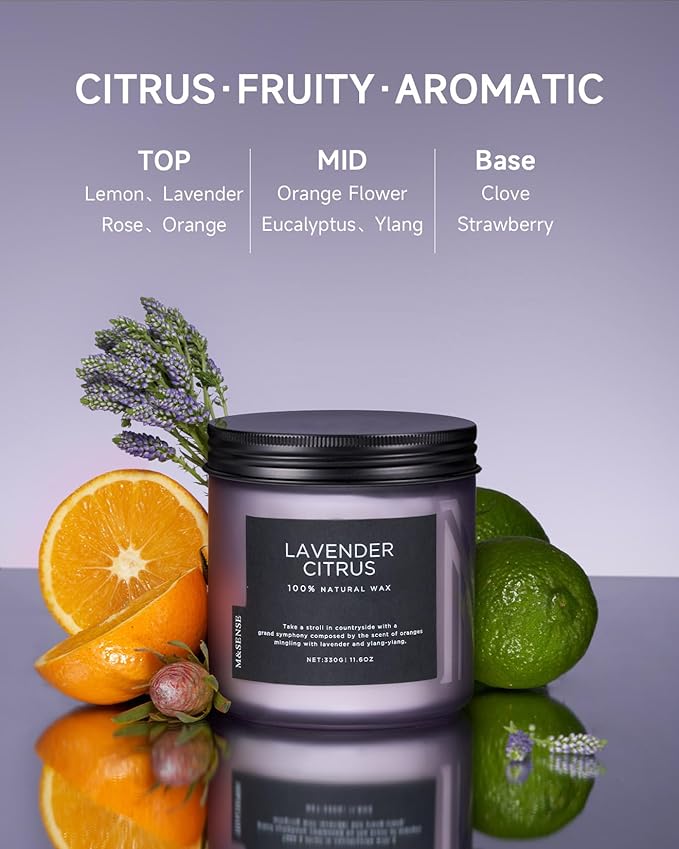 M&SENSE Soy Candles for Home Scented, 11.6oz Lavender Citrus Scent Aromatherapy 70H Burn Time, Stress Relief Gifts for Mom Girlfriend Teacher, Medium Jar Candle for Spa, Bath, Yoga