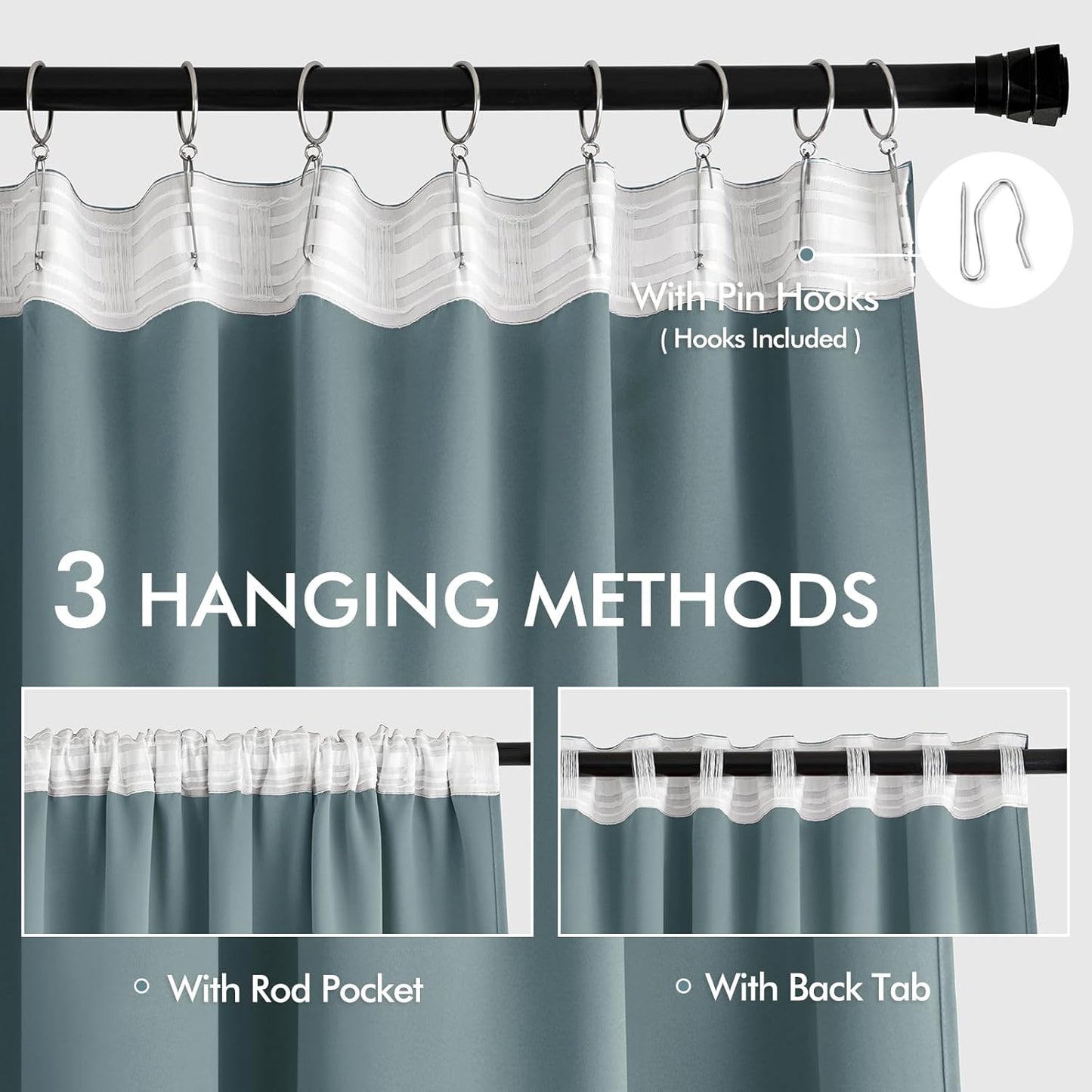 MIULEE Greyish Blue Back Tab Blackout Curtains 120 Inch Long 2 Panels Set for Bedroom, Rod Pocket/Pinch Pleated Extra Long Thermal Insulated Living Room Darkening Light Blocking 10FT Drapes