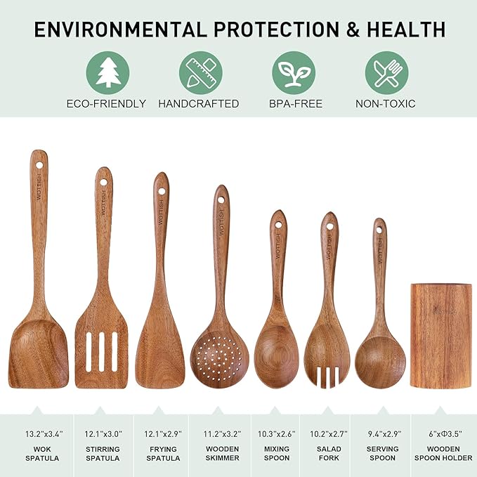 Wooden Spoons for Cooking - 8-Piece Wooden Kitchen Utensil Set made of Natural Solid Wood Material - Includes Spoons, Spatulas, Ladles, Strainer Spoon, Salad Fork, Mixing Spoon and Utensil Holder