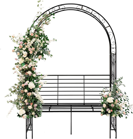 Outvita 7FT Garden Arch Arbor with Seating, Heavy Duty Metal Arbour Archway, Decorative Frame Stand Trellis for Wedding Ceremony Party Plant Climbing Rose Vines Lawn