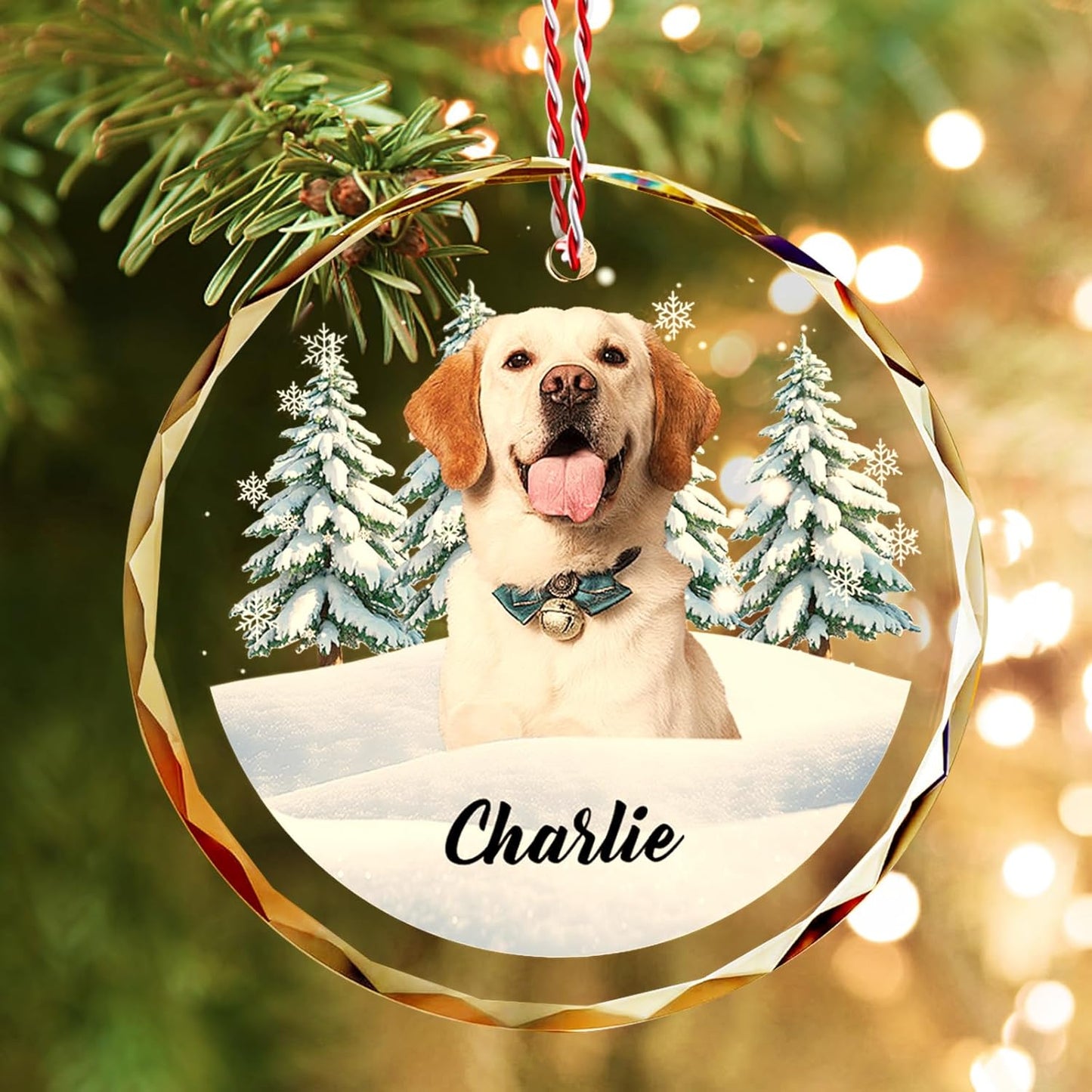Custom Pet Christmas Ornament with Photo – Personalized Crystal Dog Cat Memorial Gift – Snow Scene Holiday Decor