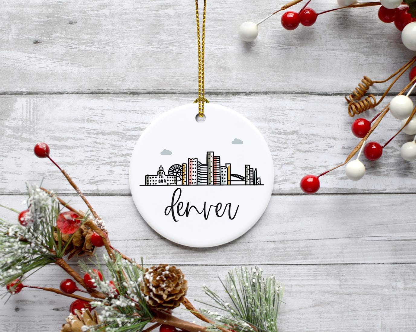 Andaz Press Round Ceramic Porcelain Christmas Tree Ornament Keepsake, Denver, Colorful City Skyline Graphic, 1-Pack, Birthday Gift Ideas Family Coworker Him Her, Includes Gift Box