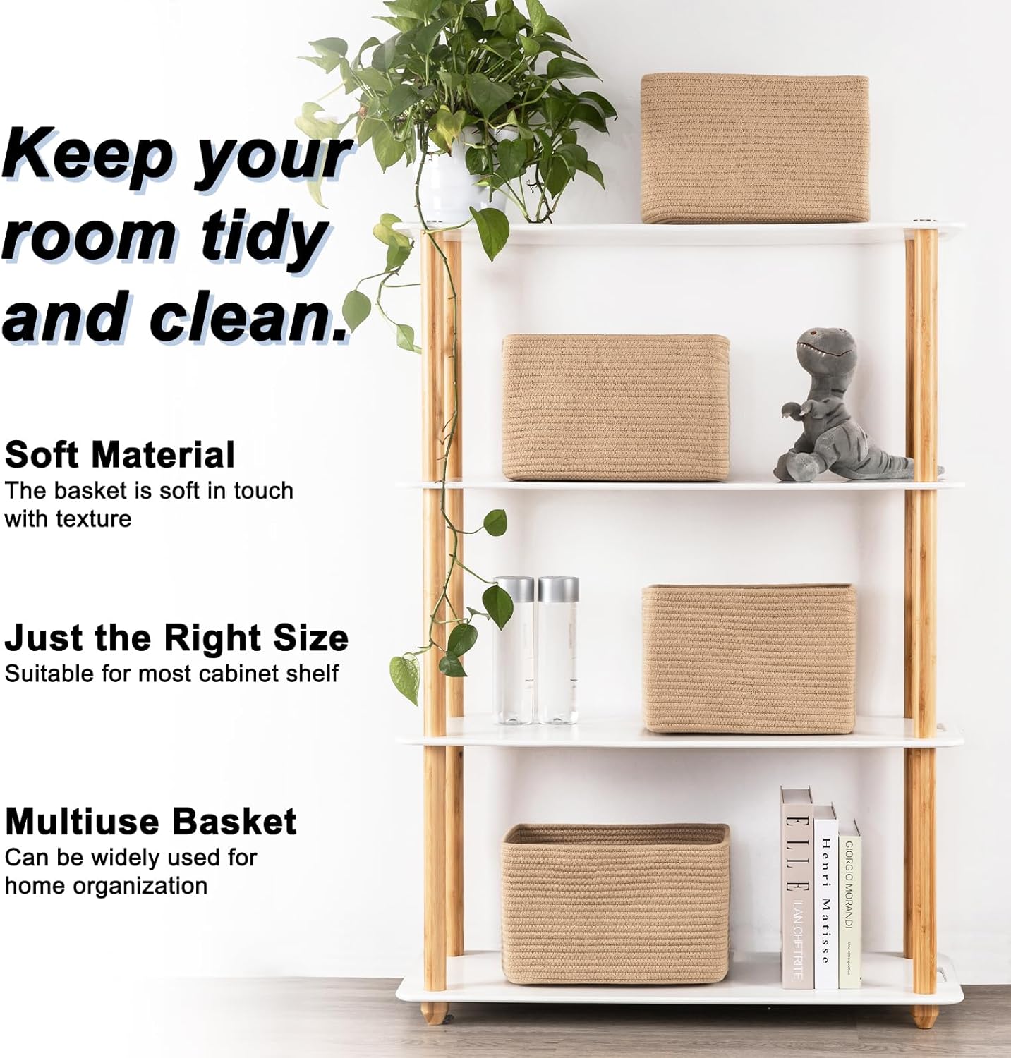 4 Pack Storage Baskets for Organizing, Woven Baskets for Shelves - Perfect for Toys, Books, Towels, and Clothes, Durable Gift Basket Bins Toy Storage, 12.7''L x9''W x7.8''H, Jute