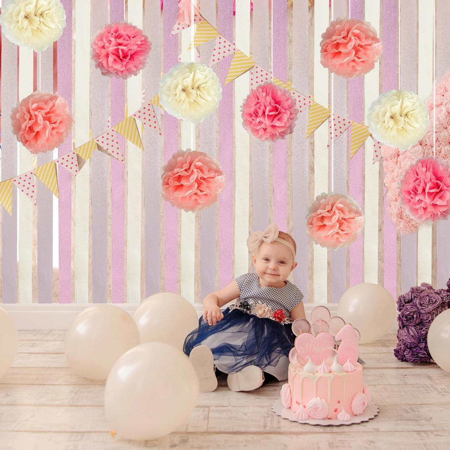 Pink Party Streamers Bridal Shower Decorations - Blush Pink Cream Colorful Paper Pom Poms Wall Decor for Baby Showers, Weddings, Graduations, Tea Parties, Engagement