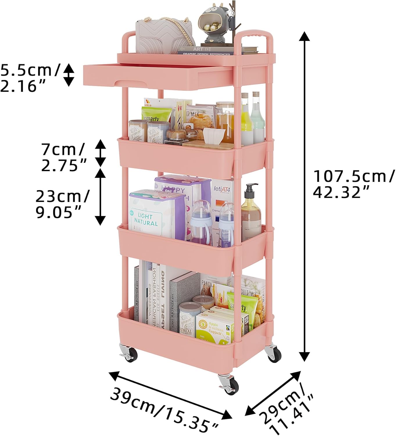 Calmootey 4-Tier Rolling Utility Cart with Drawer,Multifunctional Storage Organizer with Plastic Shelf & Metal Wheel,Storage Cart for Kitchen,Bathroom,Living Room,Office,Pink