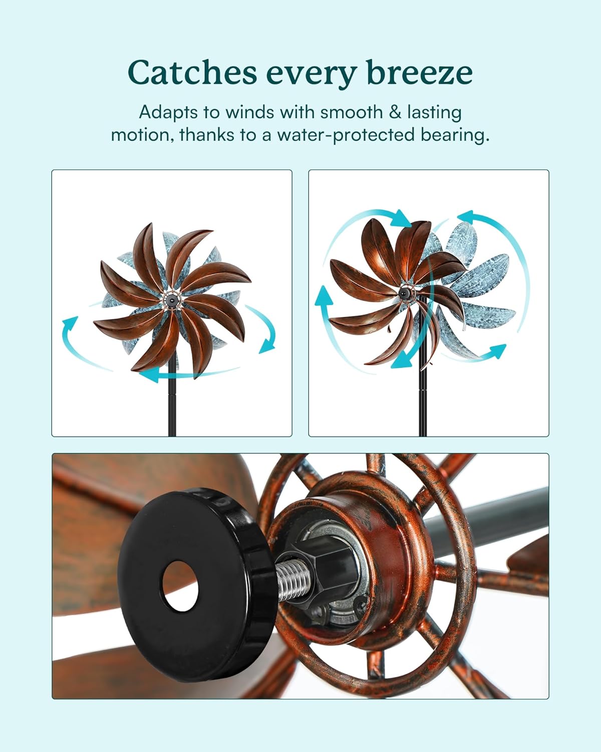 Wind Spinners Outdoor, Copper Teal Kinetic Wind Spinner with Stake, Garden Yard Spinners Windmill Decor for Patio Lawn (12" W x 70" H)