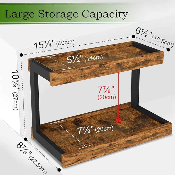 MARTY 2 Tier Spice Rack Organizer for Countertop, 15.8''L Coffee Station/Bathroom Organizer Countertop, Counter Shelf Desktop Storage Organizer for Kitchen, Bedroom, Office (Rustic Brown)