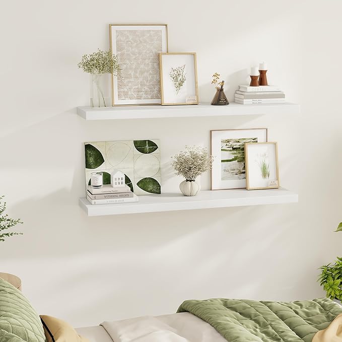 White Floating Shelves Wall Shelf 48 Inch, 8 Inch Deep Floating Shelf for Wall, Farmhouse Black Wood Shelves Invisible Bracket for Living Room, Bedroom, Kitchen, 48 x 9.3 x 1.4 Inch, Set of 2