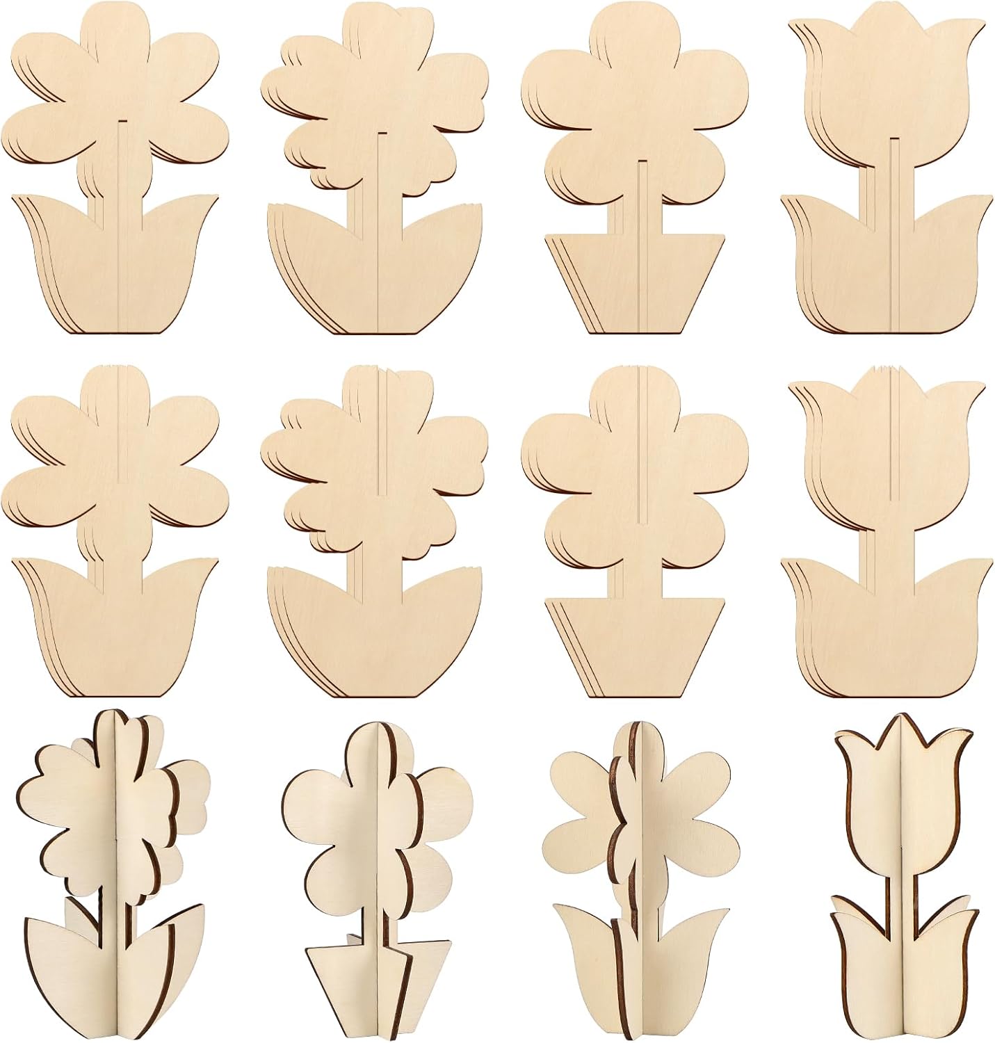 COCHIE DIY 3D Flower Spring Wood Crafts to Paint for Kids Adults, Paintable Unfinished Wooden Slices for Craft, Flowers Cutouts Ornaments for Painting Decorations (24 PCS)