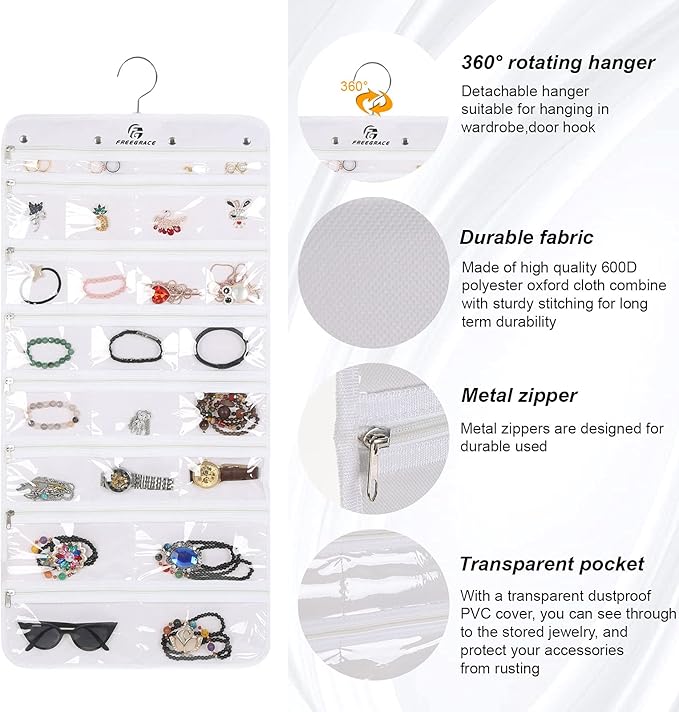 Freegrace Hanging Jewelry Organizer Revolving Hanger - Secure Zipper Closure - 25 Pockets,23 Hooks - Foldable Storage & Display Solution - For All Jewelry & Bijoux (White)
